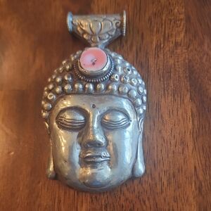 Vintage Tibetan Nepal Silver Tone Buddha Head With Coral Inlay Stone Pendant